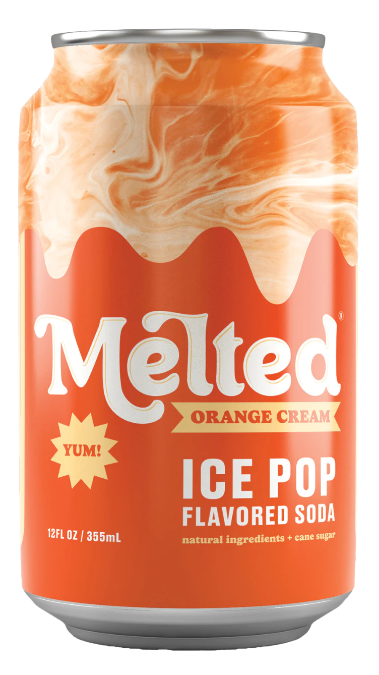 image of 12 ounce can of Melted Orange Cream ice pop flavored soda. Natural Ingredients. Cane Sugar.