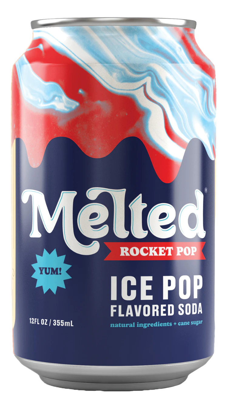 image of 12 ounce can of Rocket Pop ice pop flavored soda. Natural Ingredients. Cane Sugar.