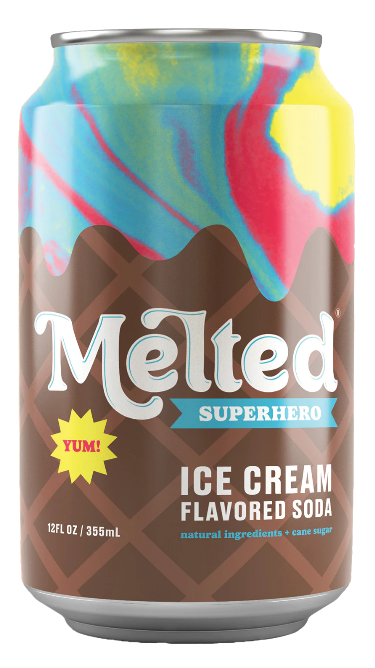 image of 12 ounce can of Melted Superhero ice cream flavored soda. Natural Ingredients. Cane Sugar.